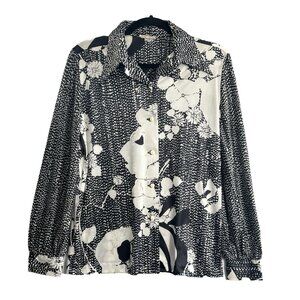 Vtg KAMEHAMEHA 60s 70s Women Hawaiian Button Front Blouse Sz M Black White 9-18